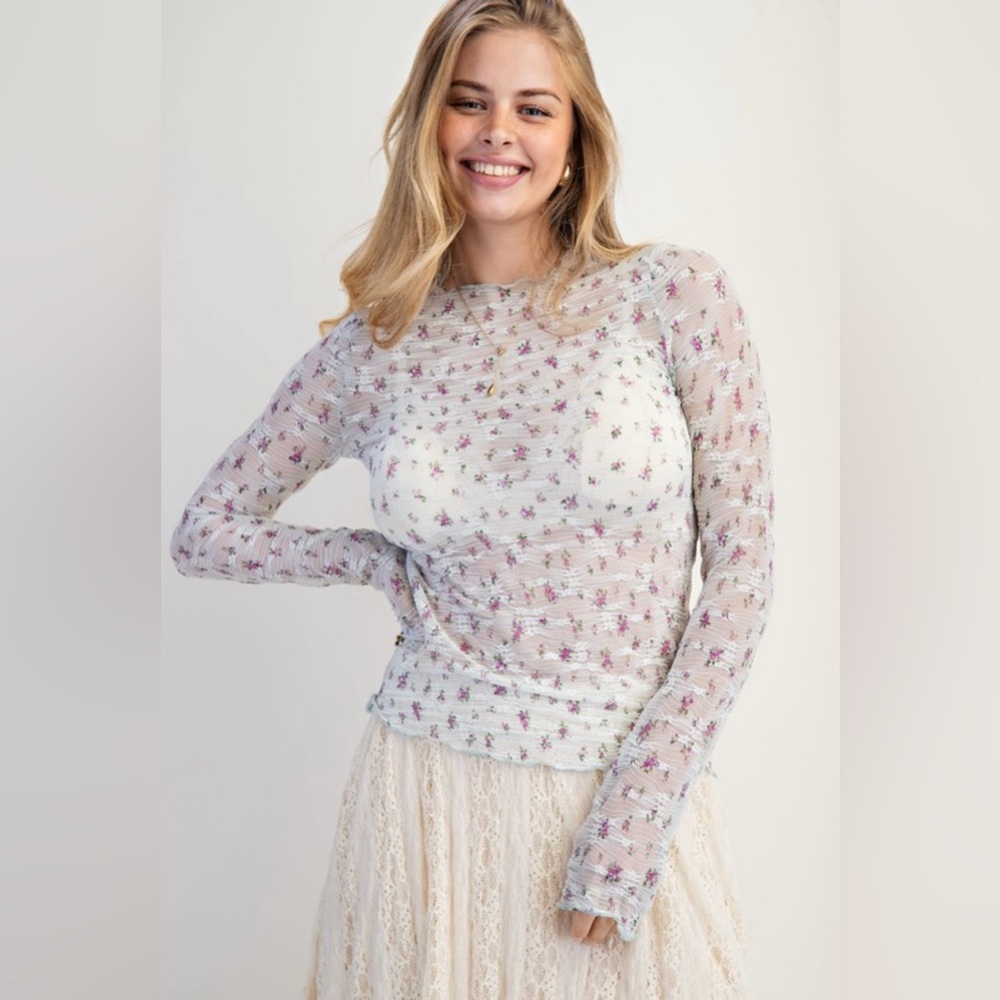 easel White Sheer Floral Mesh Long Sleeve Top